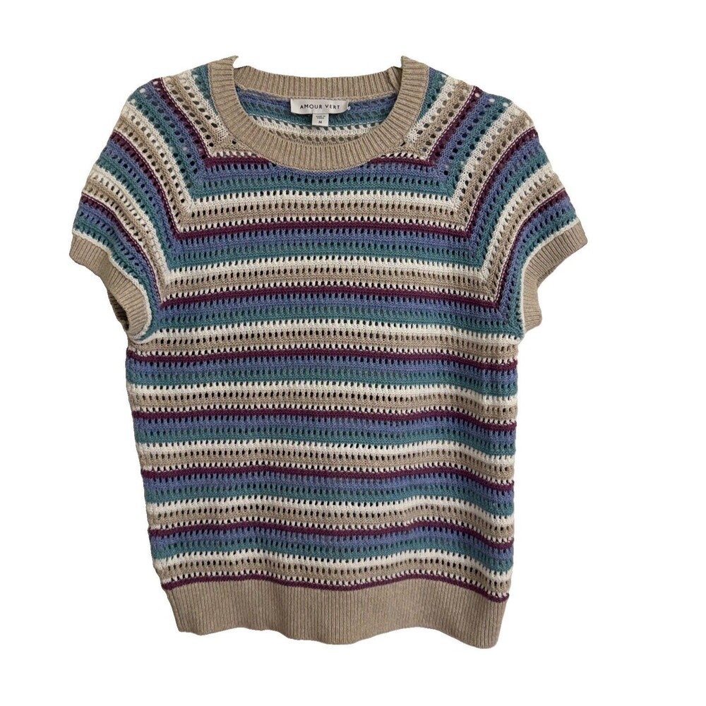 Amour Vert Crochet Knit Sweater Top Medium Blue Striped Linen Short Sleeve